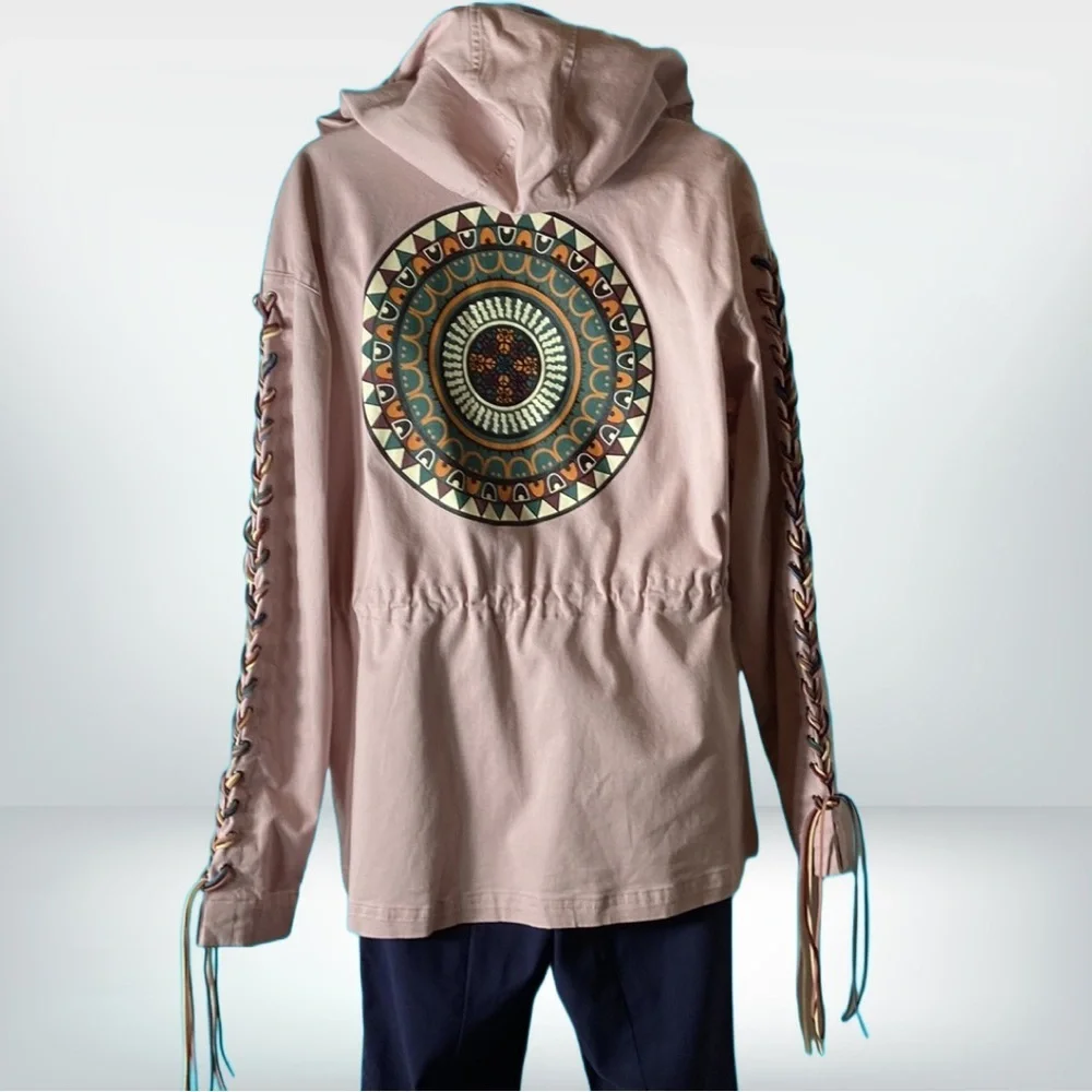 Peace Love World Braided Sleeve Hooded Mandala Jacket Mandy Pink Small